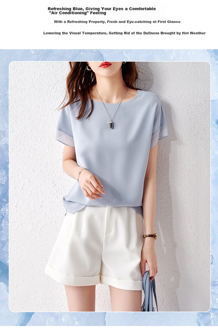 Sentubila Spliced Short-Sleeve Chiffon Blouse for Women, Slimming Tummy-Covering Top, Summer Lightweight Casual T-Shirt, Light Blue, S 5