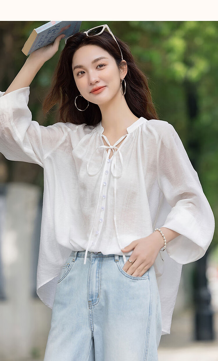 Demana [Simple Life] Spring and Autumn Lightweight Oxygen Linen Lyocell Blend Elegant V-Neck Ribbon Pocket Sleeve Women's Shirt 15