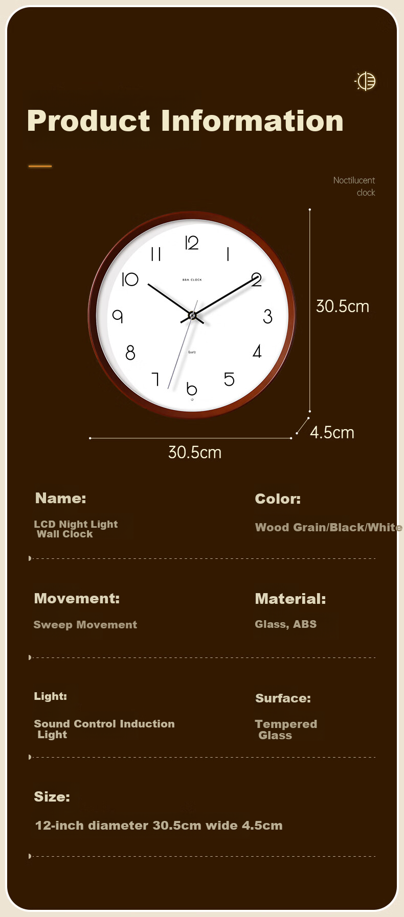 BBA Wall Clock, Creative Night Light, Living Room Wall-Mounted, Home Use Luminous Bedroom Clock, Walnut Color - Ambient Light, 30cm 6