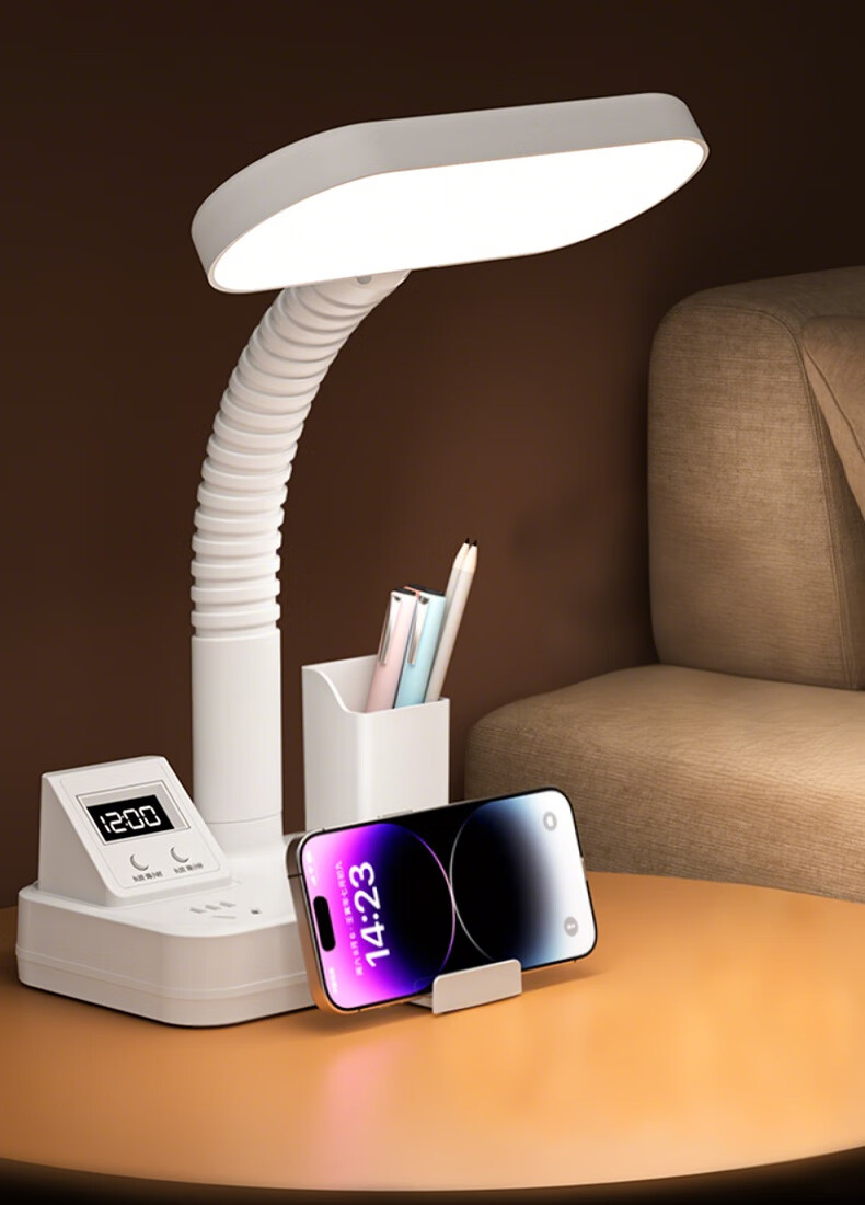 Sushiermo Pen Holder 3-in-1 LED Desk Lamp + Power Outlet + Digital Clock Student Desk Lamp 3-Socket 1.8m Cord Suitable for Dormitory Study Room Bedroom 2