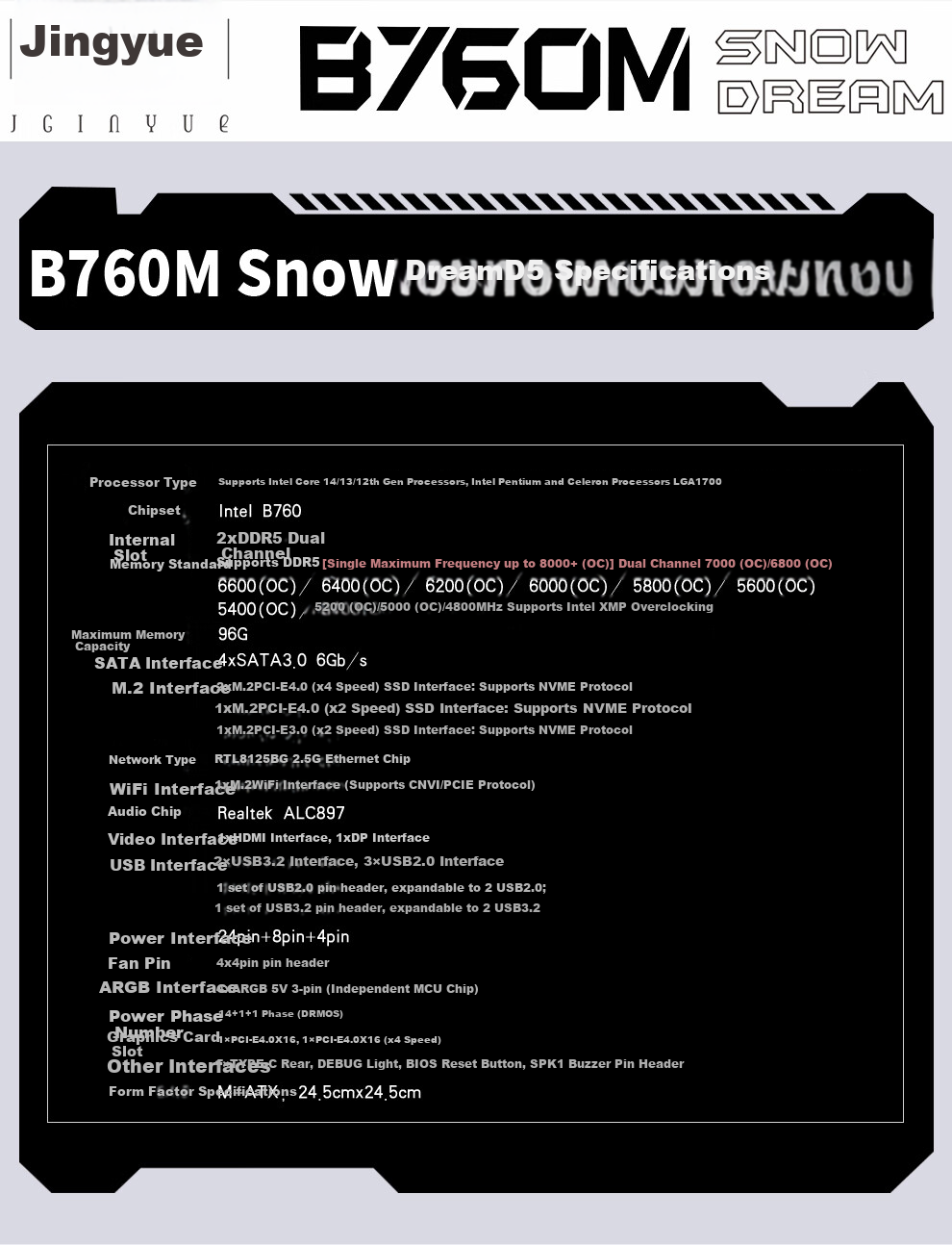 Jingyue B760M Snow Dream DDR5 Motherboard, Gaming Motherboard for I5 14600KF/13600KF/13400F (Intel B760/LGA 1700) 9