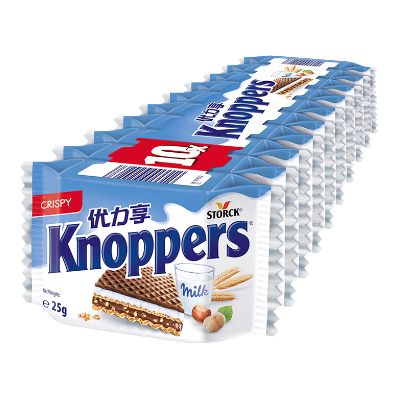 Knoppers优力享德国进口牛奶巧克力榛子威化饼干250g10片夹心饼干休闲零食