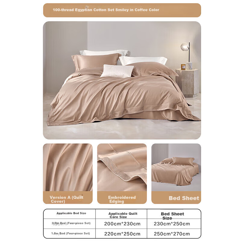 LUOLAI Home Textiles Pure Cotton Bedding Set of Four Pieces, 100 Thread Count Egyptian Cotton, Luxury Bed Sheet And Duvet Cover Set for Double Bed, 200*230