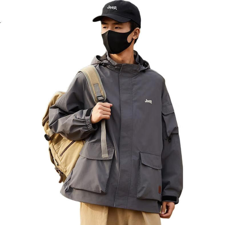 JEEP Men's Jacket, Spring And Autumn Workwear, Loose Casual Windbreaker for Couples, Gray, 2XL