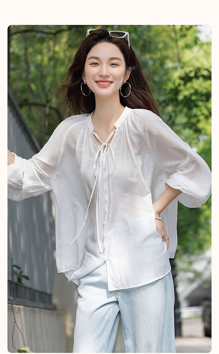 Demana [Simple Life] Spring and Autumn Lightweight Oxygen Linen Lyocell Blend Elegant V-Neck Ribbon Pocket Sleeve Women's Shirt 3