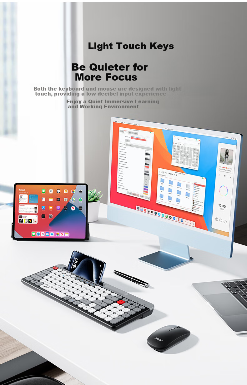 Acer Wireless Bluetooth Keyboard And Mouse Combo, Rechargeable Mouse Keyboard, Compatible with Phones, Computers, IPad Tablets, Universal Keyboard And Mouse Set, Card Slot Stand, OKR215 Gray And Black 6
