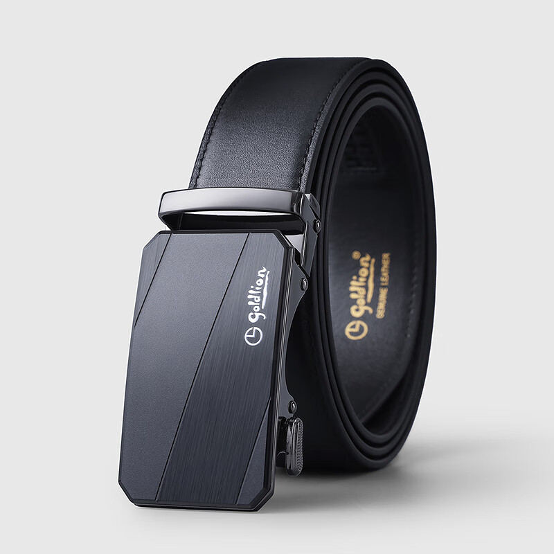 Goldlion Men's Leather Belt, Father's Day Gift, Matte Automatic Buckle, Anti-Fingerprint, Top-Grain Cowhide, Glossy Surface, Business Style, Black Gunmetal, Size 115