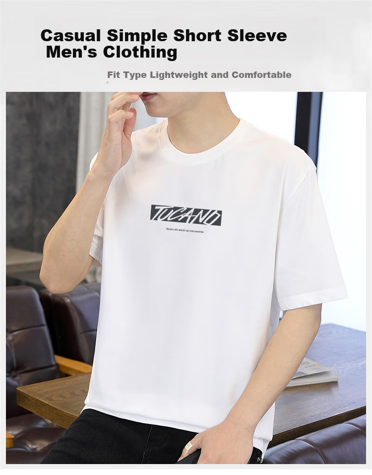 TUCANO Short-Sleeve T-Shirt for Men, Summer Pure Cotton Casual Versatile Round Neck Fashionable Printed T-Shirt Top Men's Undershirt 1