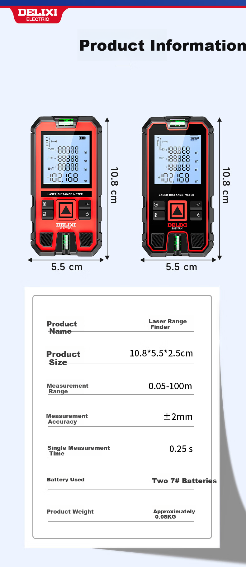 DELIXI ELECTRIC Laser Distance Meter Handheld High-Precision Electronic Ruler Infrared Outdoor Home Measuring Device with Dual Horizontal Bubbles, 100-Meter Range 12