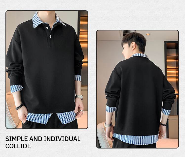 Homlean American-Style Faux Two-Piece Sweatshirt for Men, Spring Heavyweight Long-Sleeve College Style Casual Lapel Top HX51 Black 2XL 9