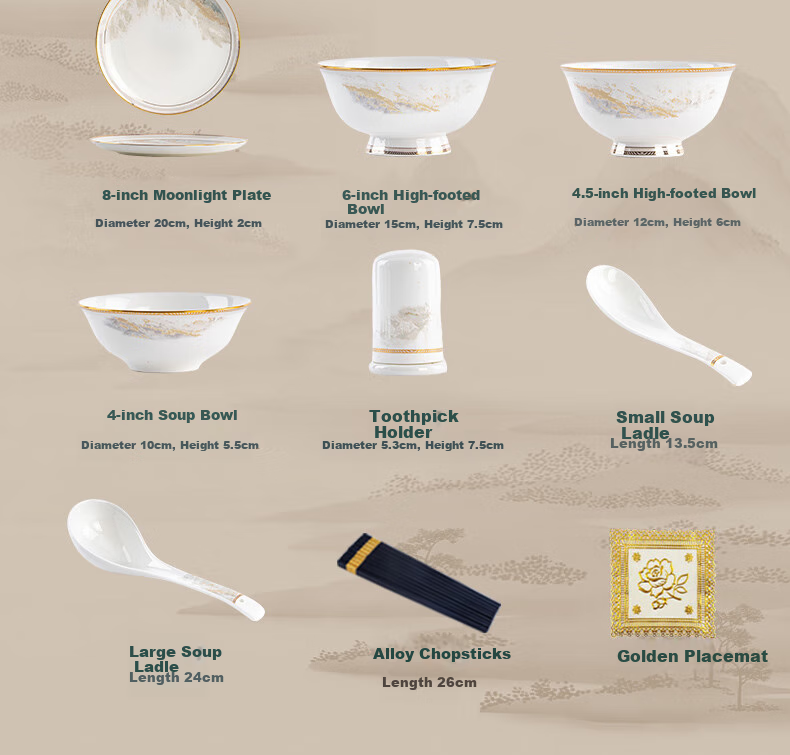 Luowei Dahao Heshan 62-Piece Jingdezhen Ceramic Dinnerware Set, Bowl And Plate Set for Home Use, Dishwasher Safe 9