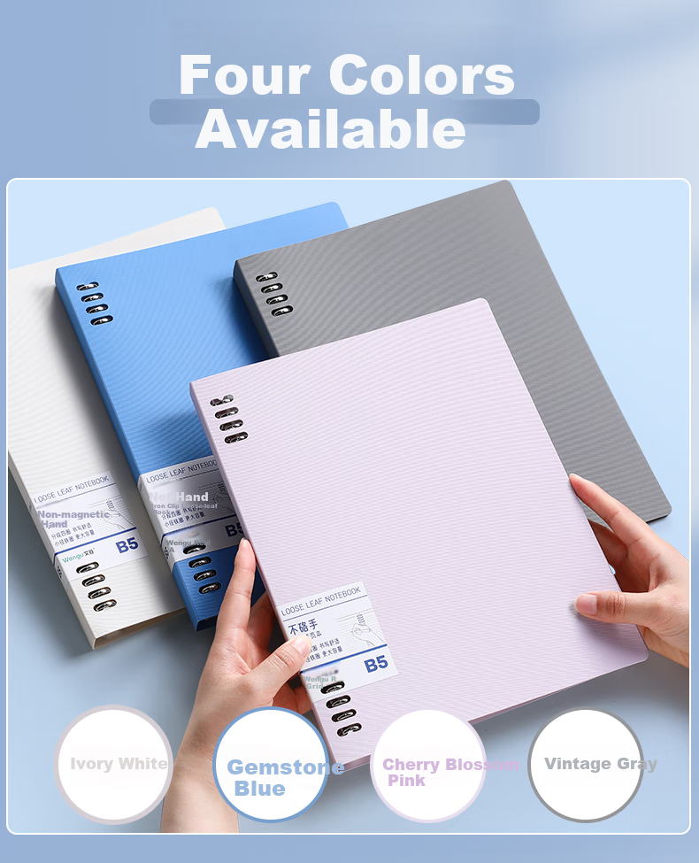 Wengu A5/60 Sheets Detachable Non-Slip Iron Clip Loose-Leaf Notebook, 20 Holes, High-Quality, Minimalist Design, Horizontal Lines, Large Capacity, for Students And Postgraduate Exam Preparation, BI010A5 Pink 5