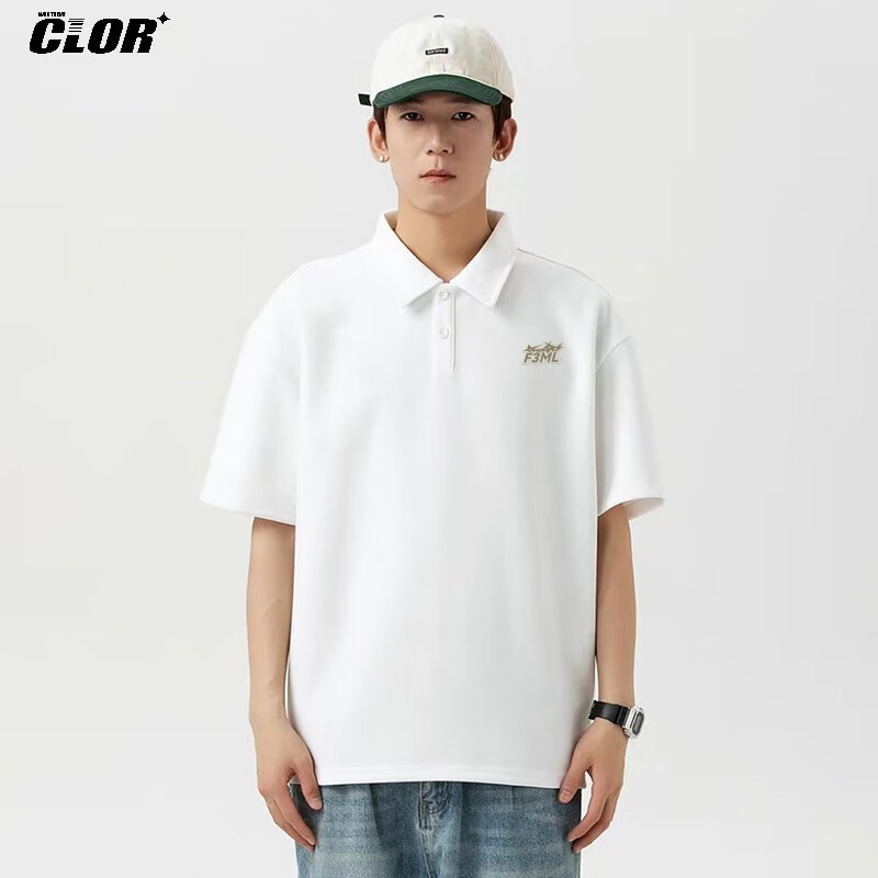 CLOR Ice Silk Polo Shirt Men Short Sleeve Summer Printed Cooling T-Shirt Simple Loose Half Sleeve Top PL03 White XL