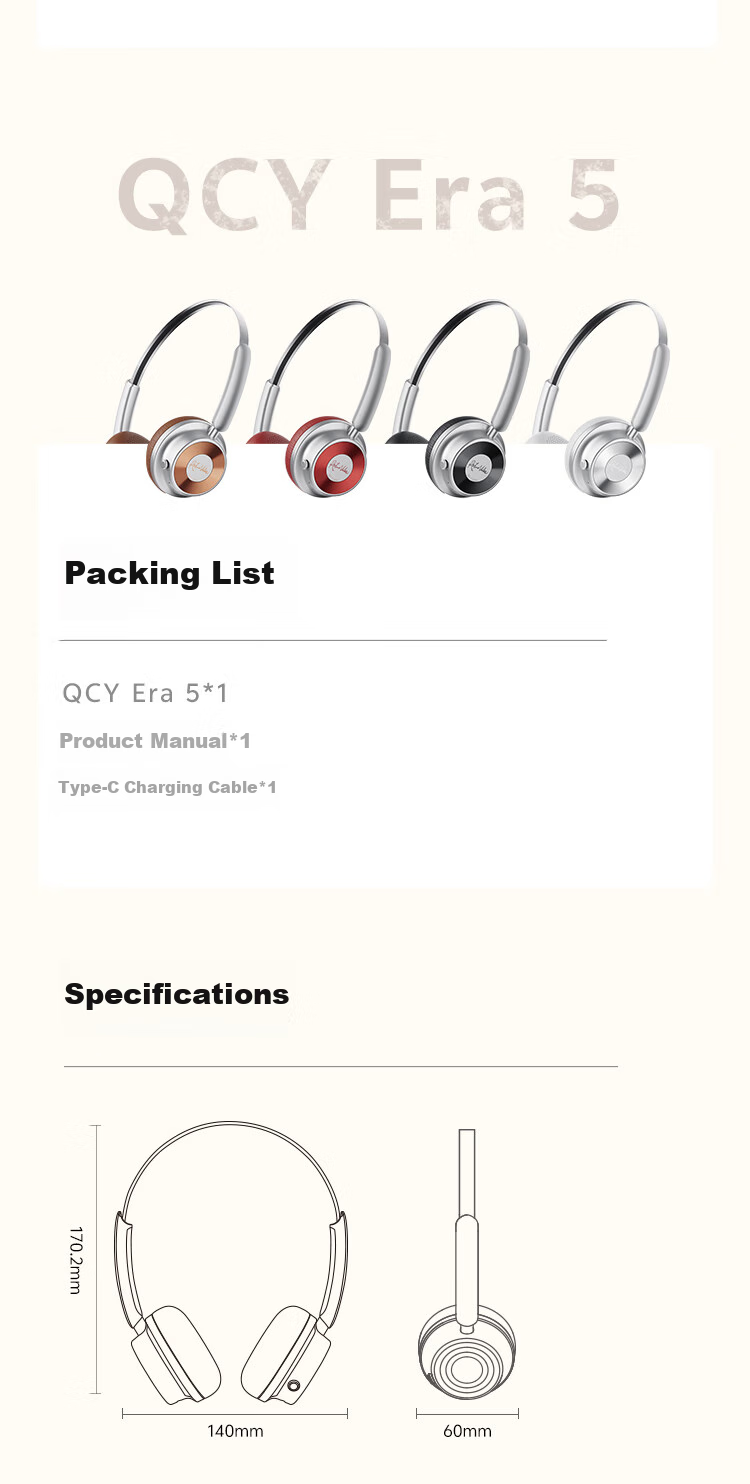 QCY Era 5 Retro Fashion Headphones, HiFi Sound Quality, Long Battery Life, High Aesthetic Value, Lightweight Metal, Millennium Internet Celebrity Atmosphere, Birthday Gift, Tape Black 15