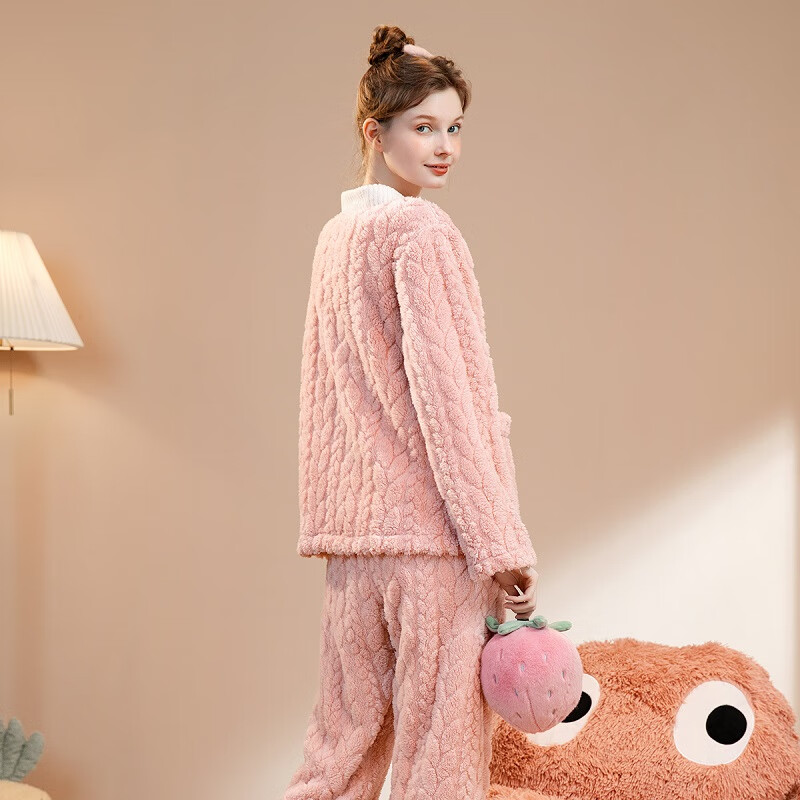 FENTENG Women's Thickened Double-Sided Warm Fleece V-Neck Cardigan Pajama Set Autumn Winter Homewear