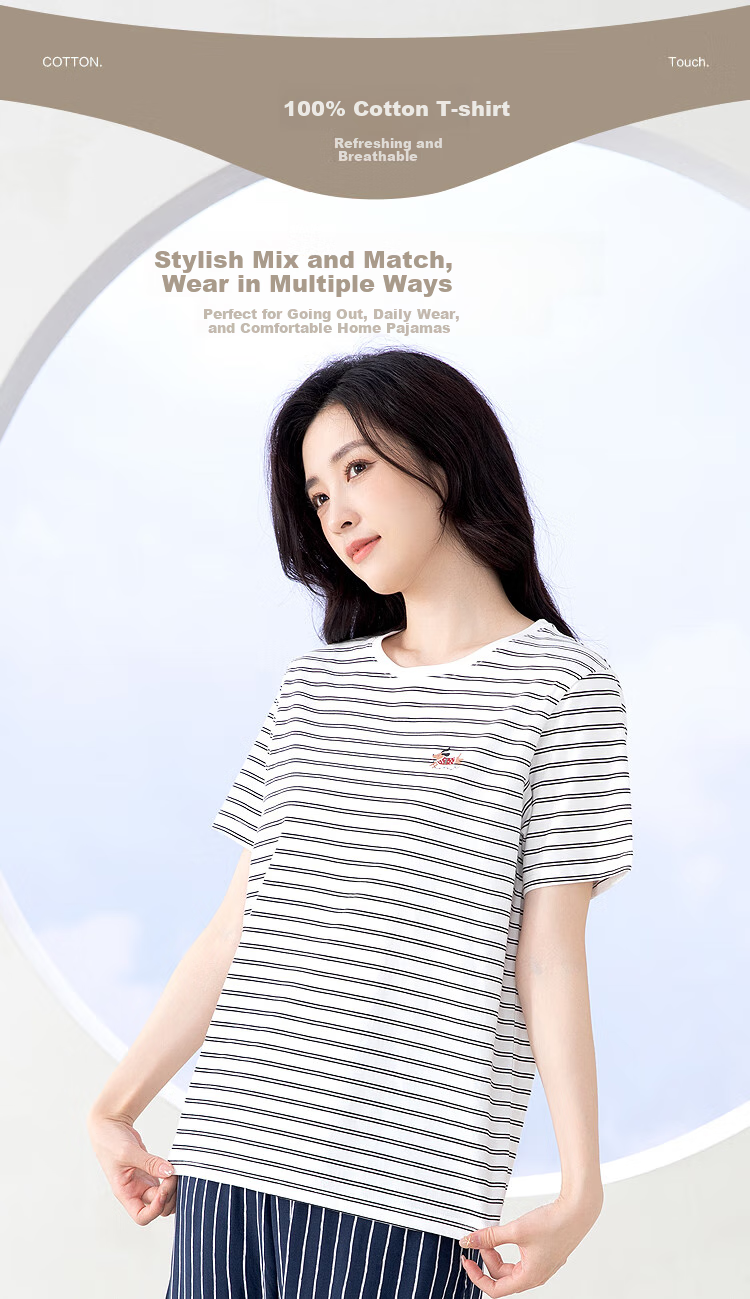 Hodo Women's T-Shirt, Pure Cotton Short-Sleeve Top, Round Neck, Casual Striped Breathable Versatile Undershirt, Black, Baitiao, Size 160 5