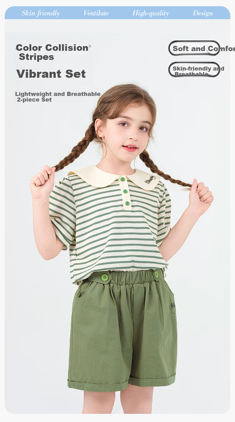 Disney Girls' Summer Set: Short-Sleeve T-Shirt And Shorts, Preppy Style Two-Piece Set with Peter Pan Collar T-Shirt, Khaki, Size 120 1