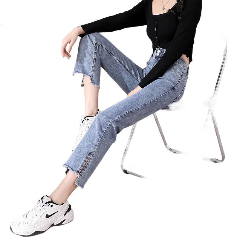 Женские джинсы Jeanswest, осень 2025, с высокой талией, стрейч, зауженные, длиной девять десятых, с боковым разрезом, светло-голубые, размер XL