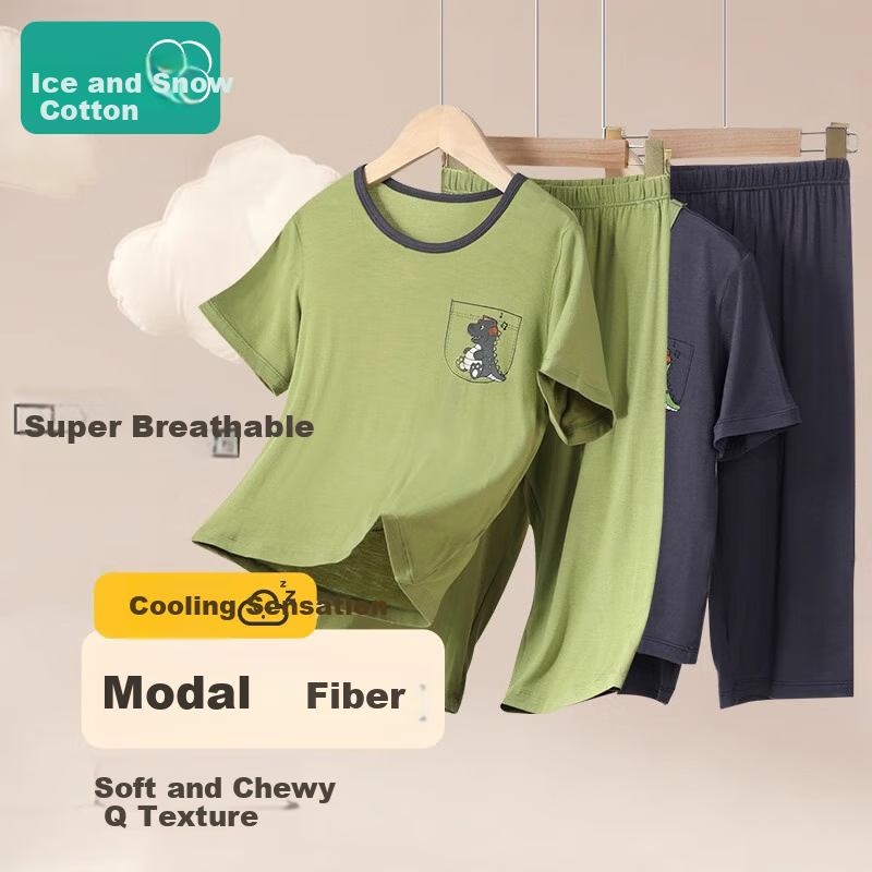 Bingxuemumian Children's Pajamas, Boys' Modal Summer Thin Set, Short-Sleeve Long Pants, for Older Children, Home Air Conditioning Wear, Two-Piece Set