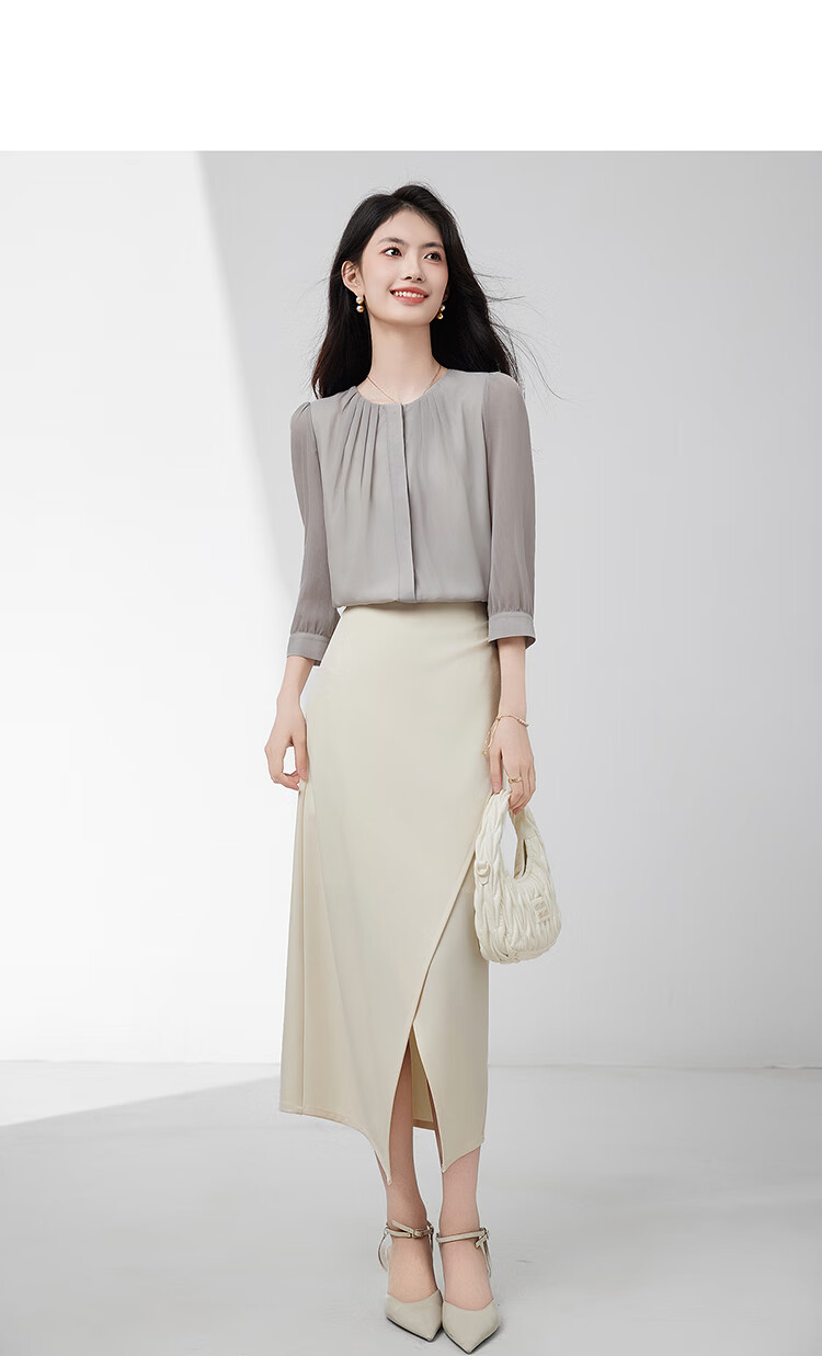Sentubila Fashionable Round Neck Three-Quarter Sleeve Chiffon Blouse for Women, Autumn Elegant Youthful Style Office Wear Top, White, Size S 13
