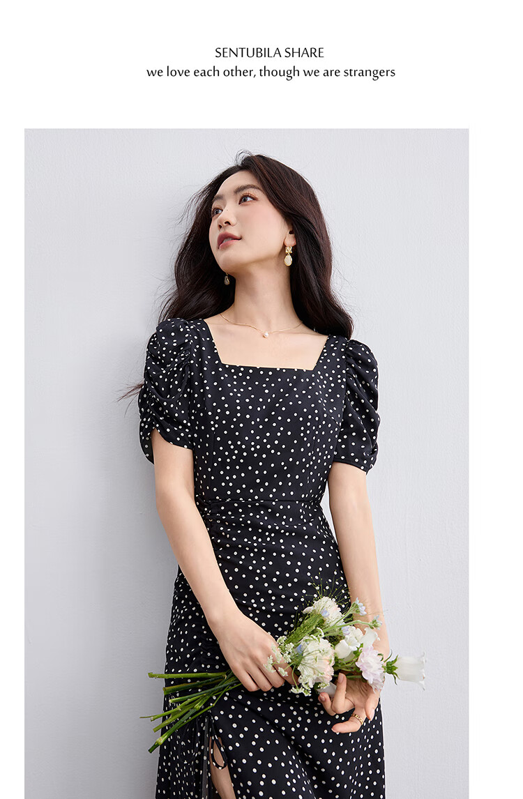 Sentubila French-Style Dress for Women, Summer Square Neckline, Ruched Sleeves, Vintage Polka Dot, Pleated Slit A-Line Skirt 13