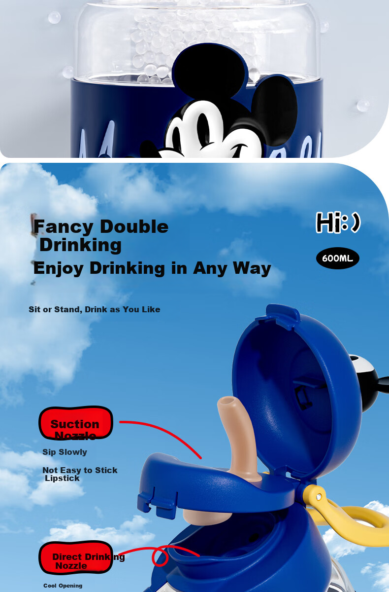 Disney Summer School Dual-Straw Water Bottle for Boys and Girls, 600ml Plastic Kids' Cup, Drop-Resistant 2