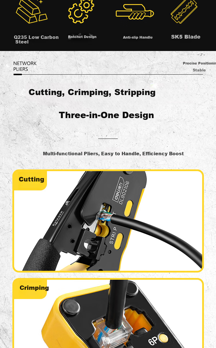 Deli Desktop Network Crimping Tool 6/8p, Multi-Functional Wire Stripper And Crimper, Cat7 RJ45 Connector Crimping Tool for Network And Telephone Cables 2