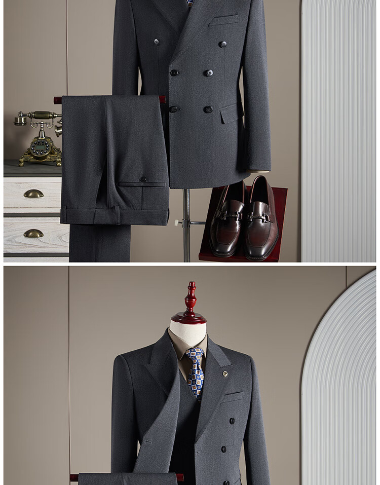 ROMON Men's Wool Suit Set Business Wedding Formalwear Brown Coffee M (Blazer + Vest + Trousers) 11