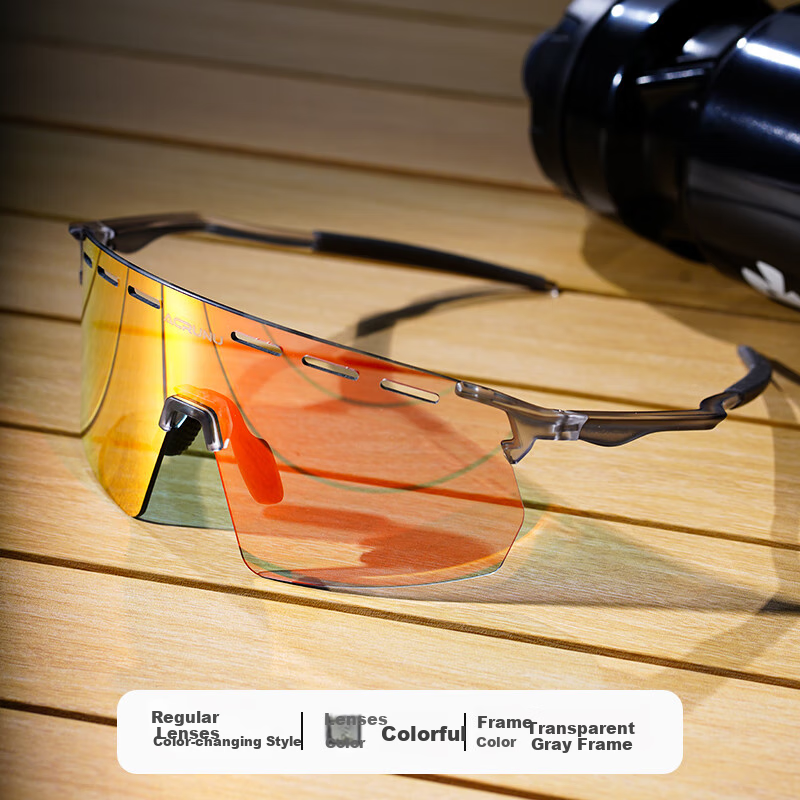 ACRUNU Day And Night Cycling Glasses, Unisex Windproof Sandproof Frameless Goggles, Transparent Gray Frame - Color-Changing Lenses