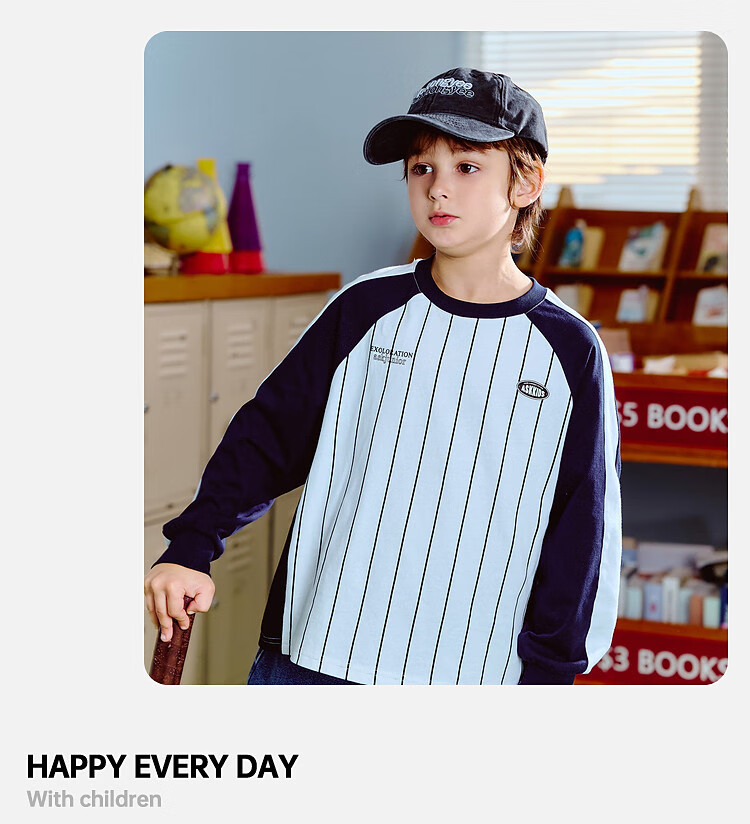 ASK JUNIOR [Pure Cotton] Children's Sports Drop-Shoulder Long-Sleeve T-Shirt, Autumn Inner Layer Pullover, Boys' Youth Wear 10
