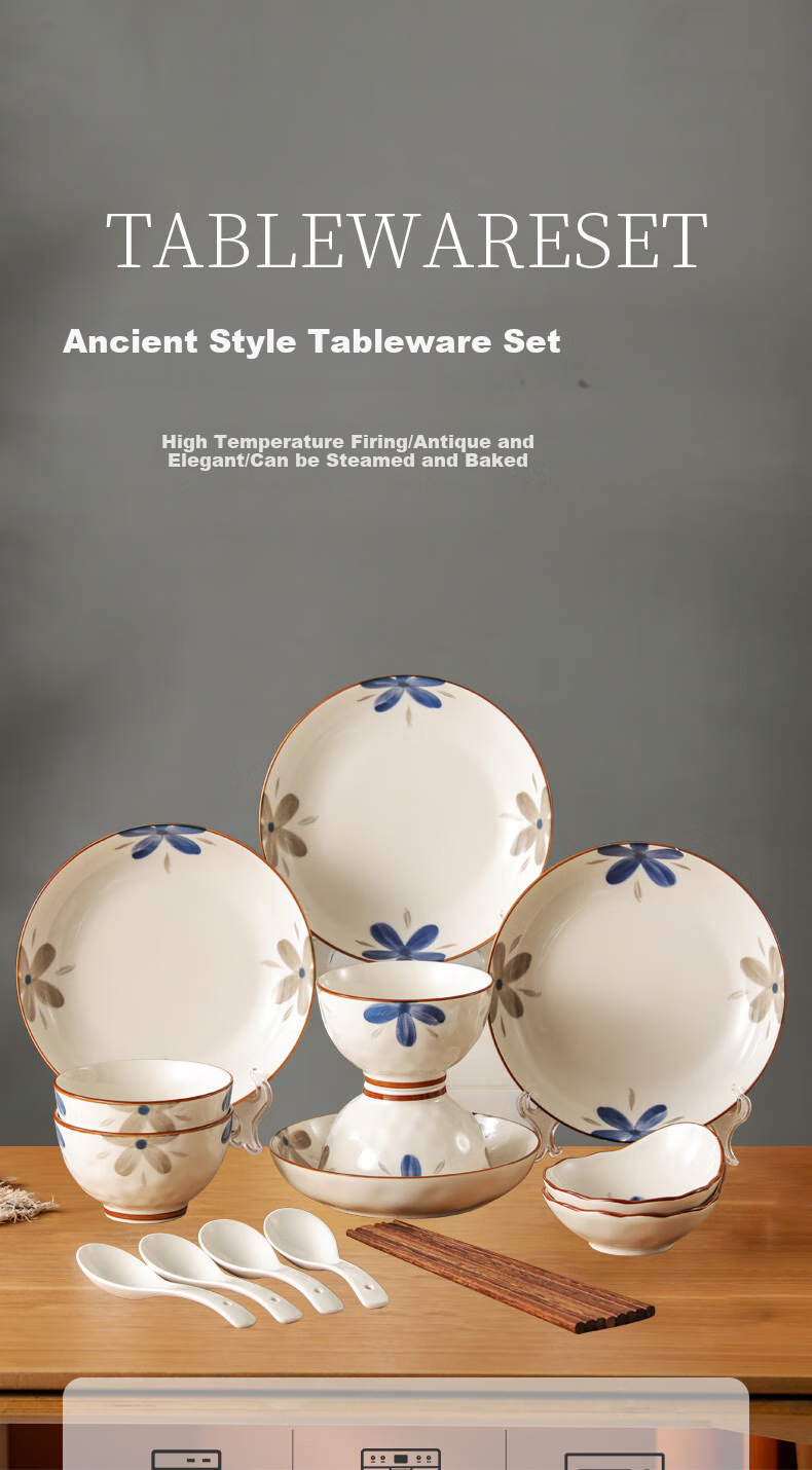 Hechuanwu Japanese-Style Tableware Set, Underglaze Color Ceramic Bowls And Chopsticks Set, Home Use Tableware Set, Housewarming Gift, 16-Piece Antique-Style Combinatio 1