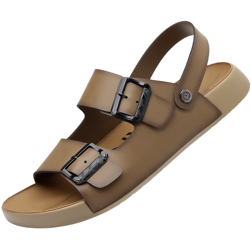 Aokang Men's Sandals, Summer Beach Shoes, Casual Slippers, Soft-Soled Sandals, Khaki Color, Size 42