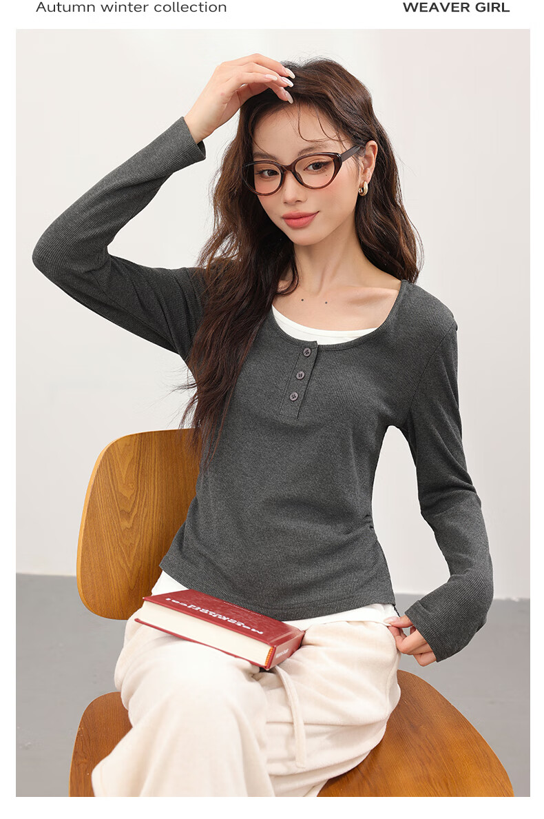 MJ STYLE Colorblock Layered Look Long Sleeve T-Shirt Women 2026 Spring Autumn New Korean Slim Fit Shoulder Base Shirt 5