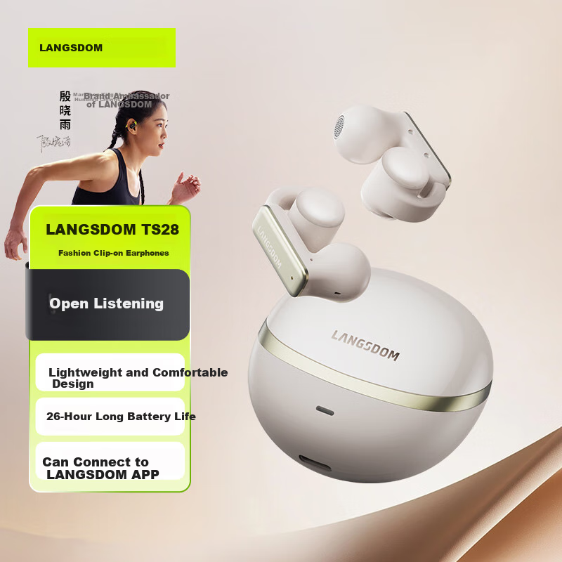 Lanshidun Bluetooth Headphones, Bone Conduction Concept Clip-On Wireless Open Non-In, Sports Running Cycling ENC Noise-Cancelling Headphones with Ultra-Long Battery Life, Supports APP, TS28 Beige