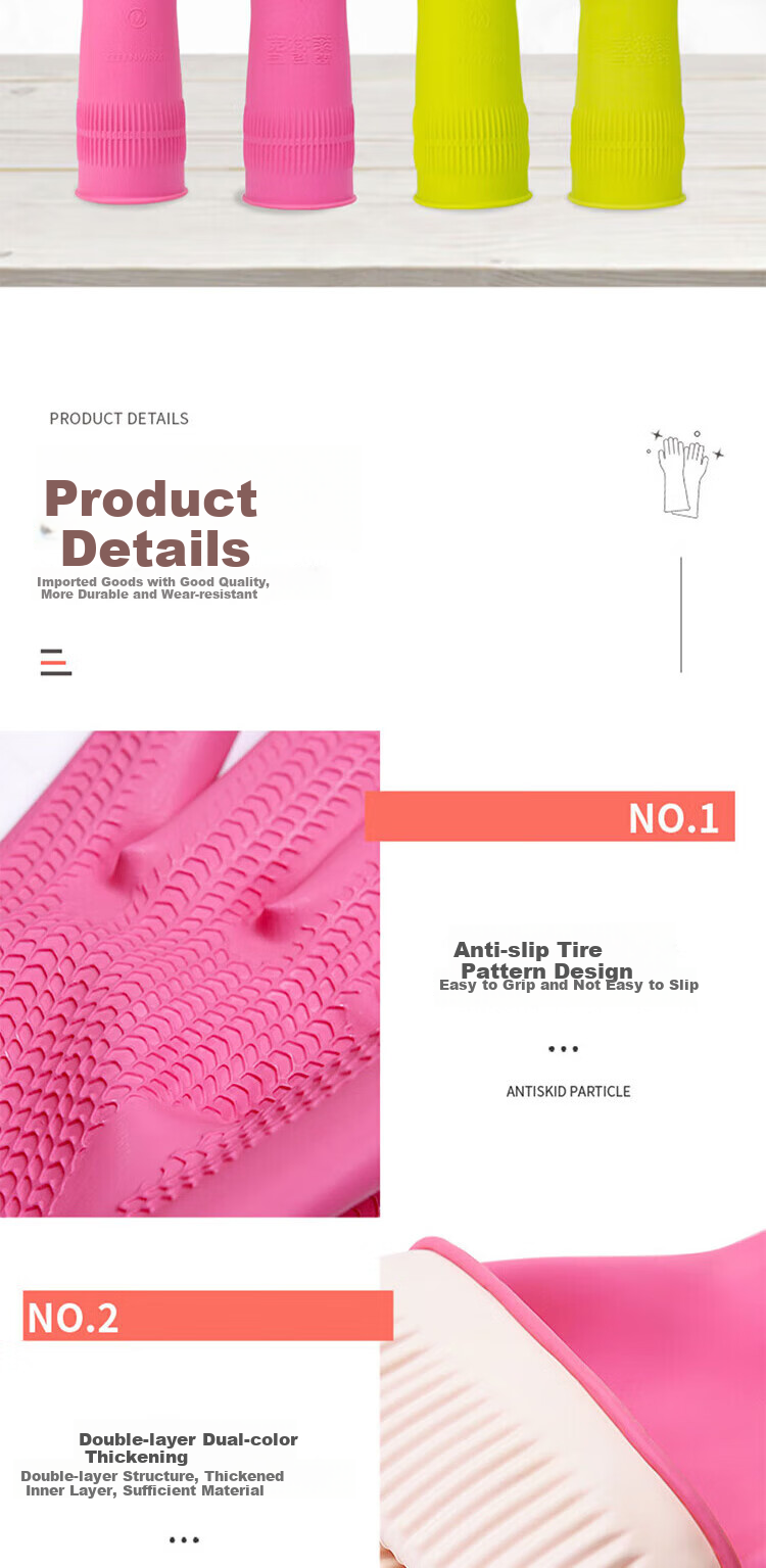 Kelinlai Imported Natural Rubber Gloves, Non-Slip Design, Protective, Pink, Extra Large Size XL 6