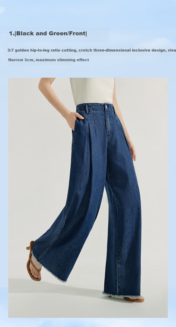 INMAN [Showroom Style] Linen Washed Frayed Wide-Leg Pants, Summer High-Waist Straight-Leg Trousers, Dark Denim Blue, Size 27 1