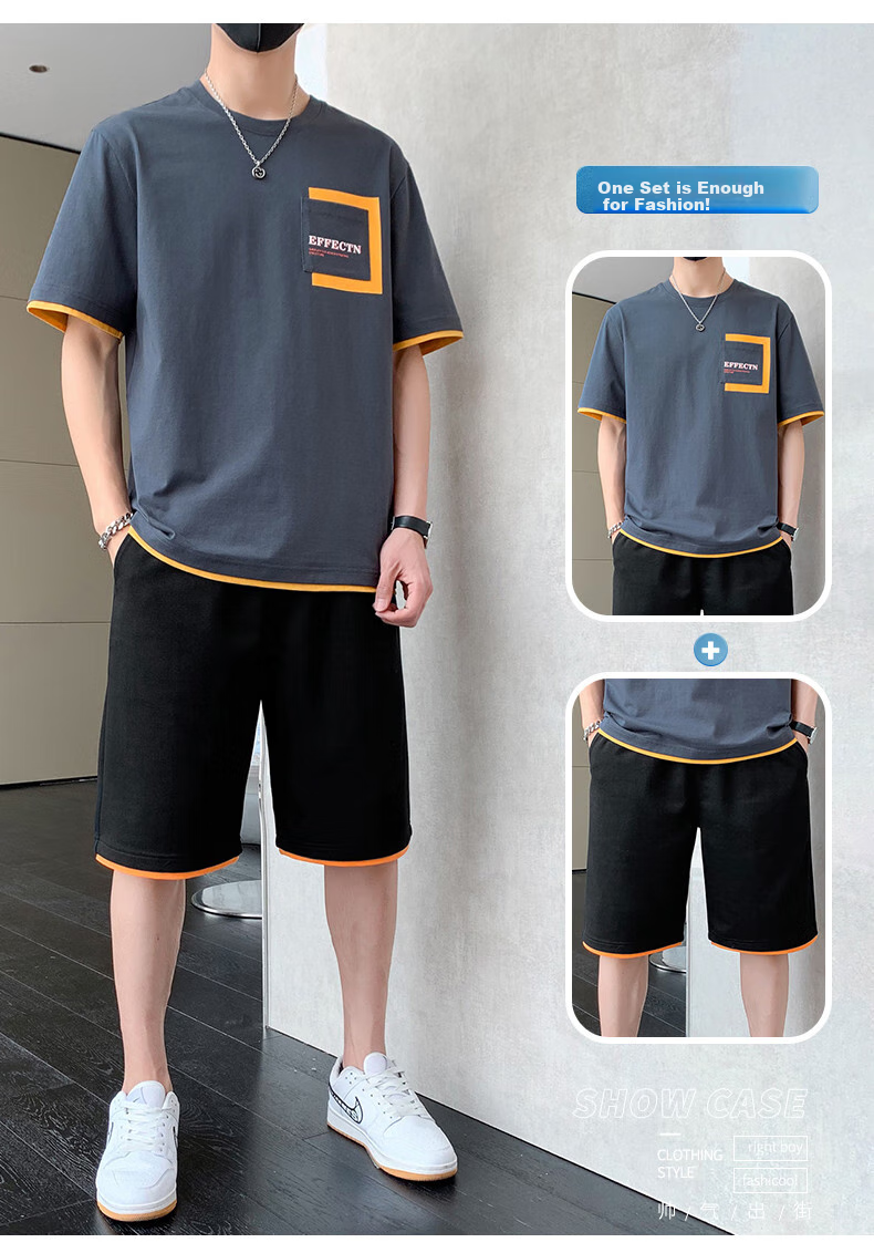 Dingfengbaoluo Men's Summer Set: Short-Sleeve T-Shirt And Shorts, Pure Cotton Lightweight Casual Sportswear KPR03 Iron Gray M 2