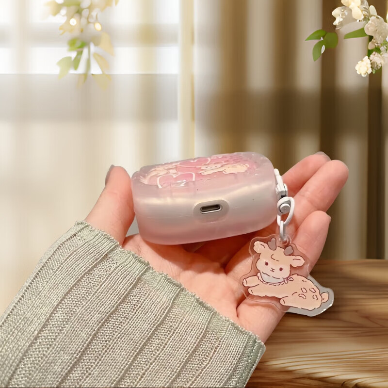 Qiaojiejie AirPods 1/2 Protective Case with Gradient Deer Design, Apple Earphone Cover with Pendant, Wireless Bluetooth Headphone Case, Shockproof Creative Painted High Transparency Shell 2
