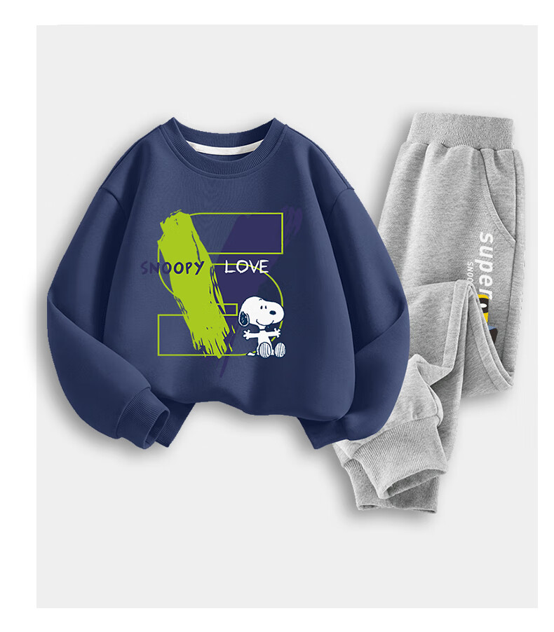 SNOOPY Kids Clothing Children's Set Boys and Girls Sweatshirt and Sweatpants 2-Piece Set Spring and Autumn New Navy Blue Letter + Gray Snoopy Size 110 1