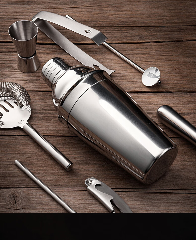CLITON 304 Stainless Steel Cocktail Shaker Set with Jigger, Hand Press Lemon Squeezer, and Wooden Stand 6