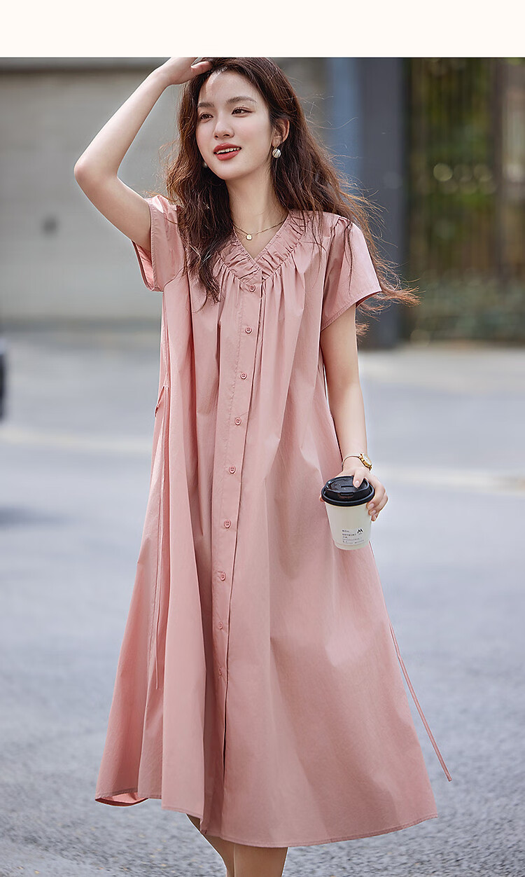 Dme [Shujie Meixue] Summer Lightweight 50-Count High-Density Silk V-Neck Tie-Up Short-Sleeve Loose Women's Dress 8