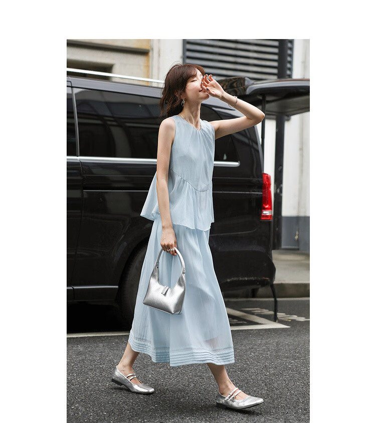 Mt [Shuxiang Laisai] Summer European Style Two-Piece Elegant Sweet Sleeveless Dress for Petite Women, Long Length 11