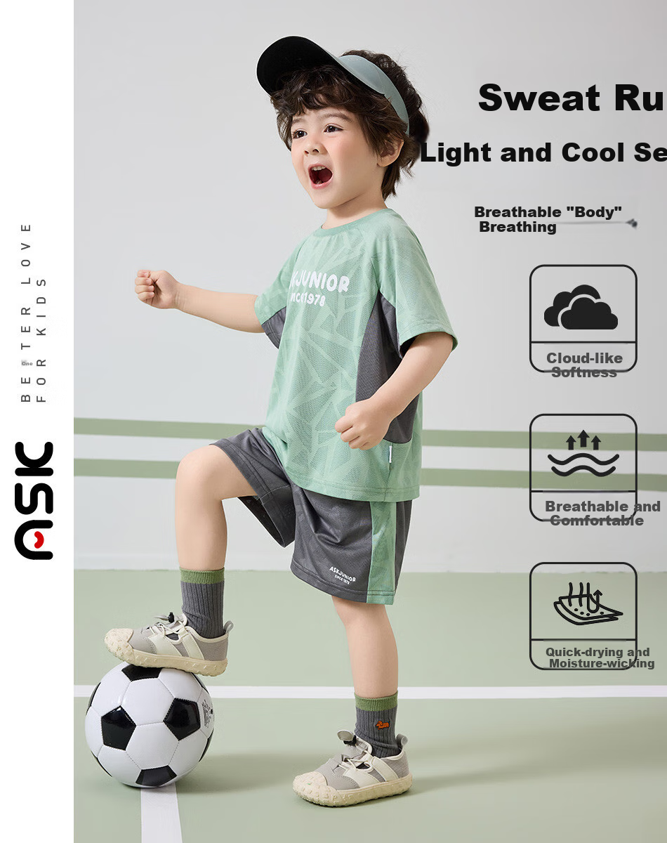 ASK JUNIOR Kids Set 26 Summer Toddler Moisture-Wicking Breathable Short Sleeve T-Shirt and Sports Shorts Two-Piece Boys Green 120 5