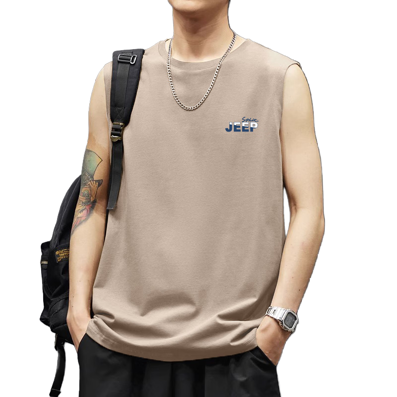 JEEP SPIRIT Men's Summer Cotton Loose Breathable Casual Sleeveless T-Shirt Vest Sand Color 3XL