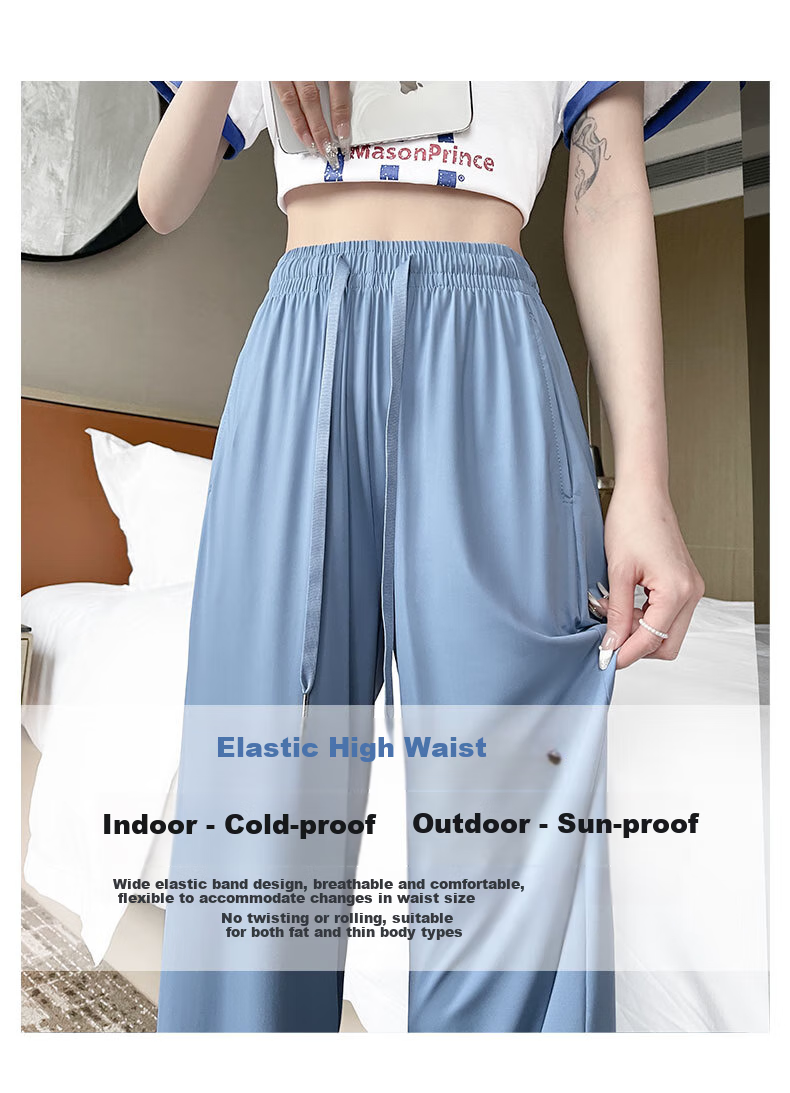 LangSha Ice Silk Wide-Leg Pants for Women, Summer Lightweight High-Waist Draping Loose Casual Straight-Leg Slimming Side-Slit Sports Sun Protection Women's Trousers 3