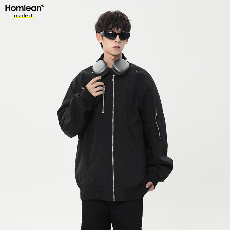 Homlean Men's Casual Jacket Autumn Versatile Loose Fit Long Sleeve Coat Simple Workwear HF58 Phantom Black S