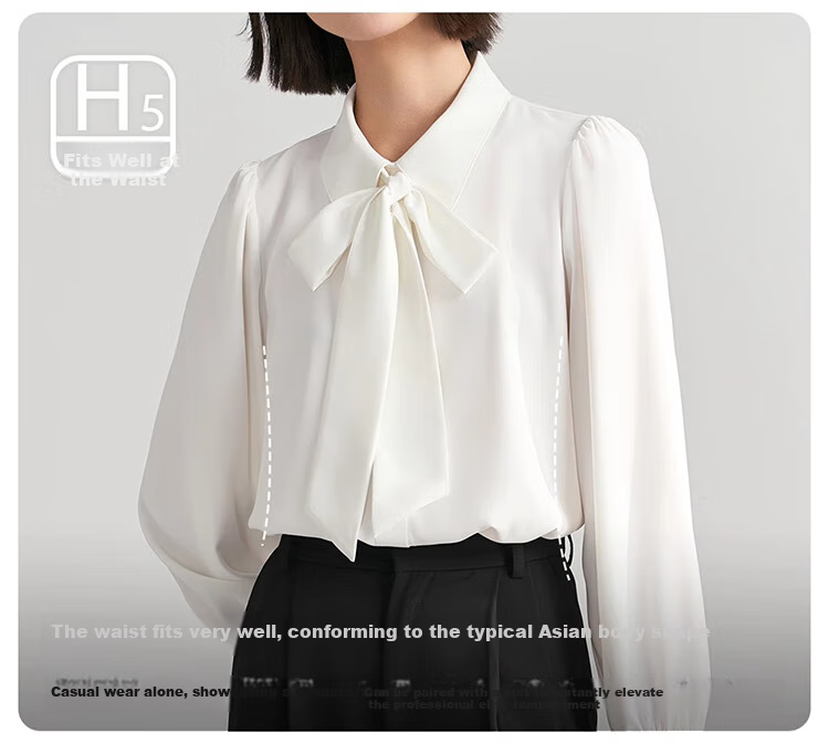 Bodexiaojie White Long-Sleeve Blouse for Women, Ribbon Tie, Professional Commute Top, Wrinkle-Resistant Interview Suit Inner Layer, Chiffon Blouse, XL 11