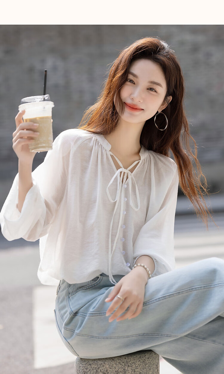 Demana [Simple Life] Spring and Autumn Lightweight Oxygen Linen Lyocell Blend Elegant V-Neck Ribbon Pocket Sleeve Women's Shirt 16