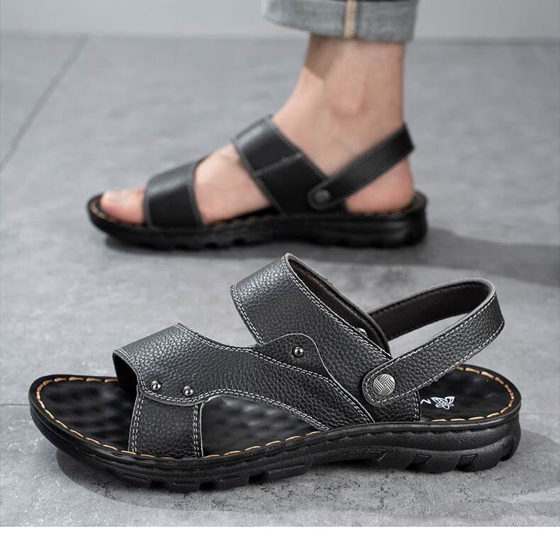 MEXICAN Top-Grain Leather Sandals for Men, Beach Shoes, Men's Slippers, Hollow-Out Casual Men's Shoes, Black, Size 44 13