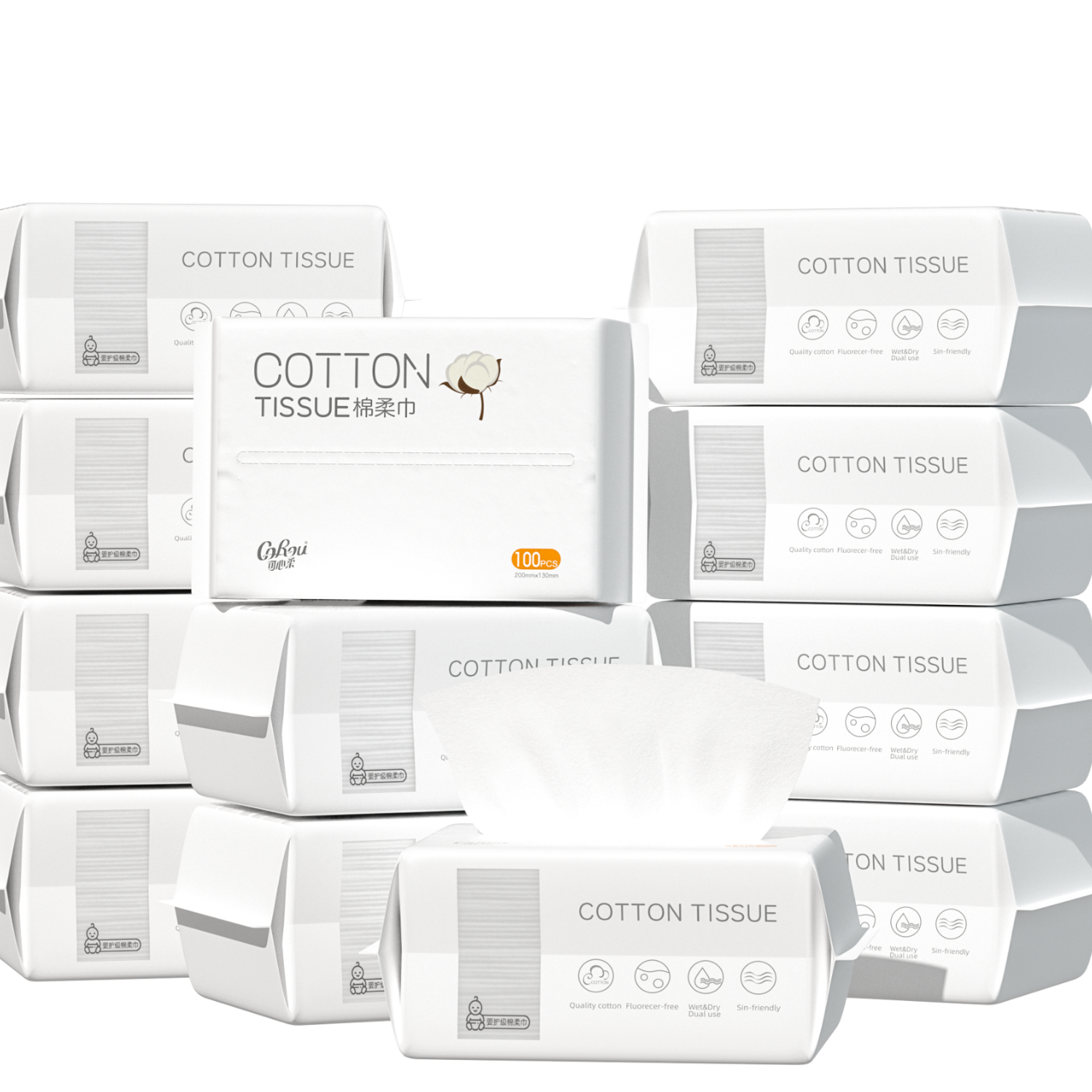 Kexin Soft Cotton Facial Wipes for Babies and Toddlers 100% Cotton Face Towels 100 Sheets 12 Packs Disposable Cleansing Wipes